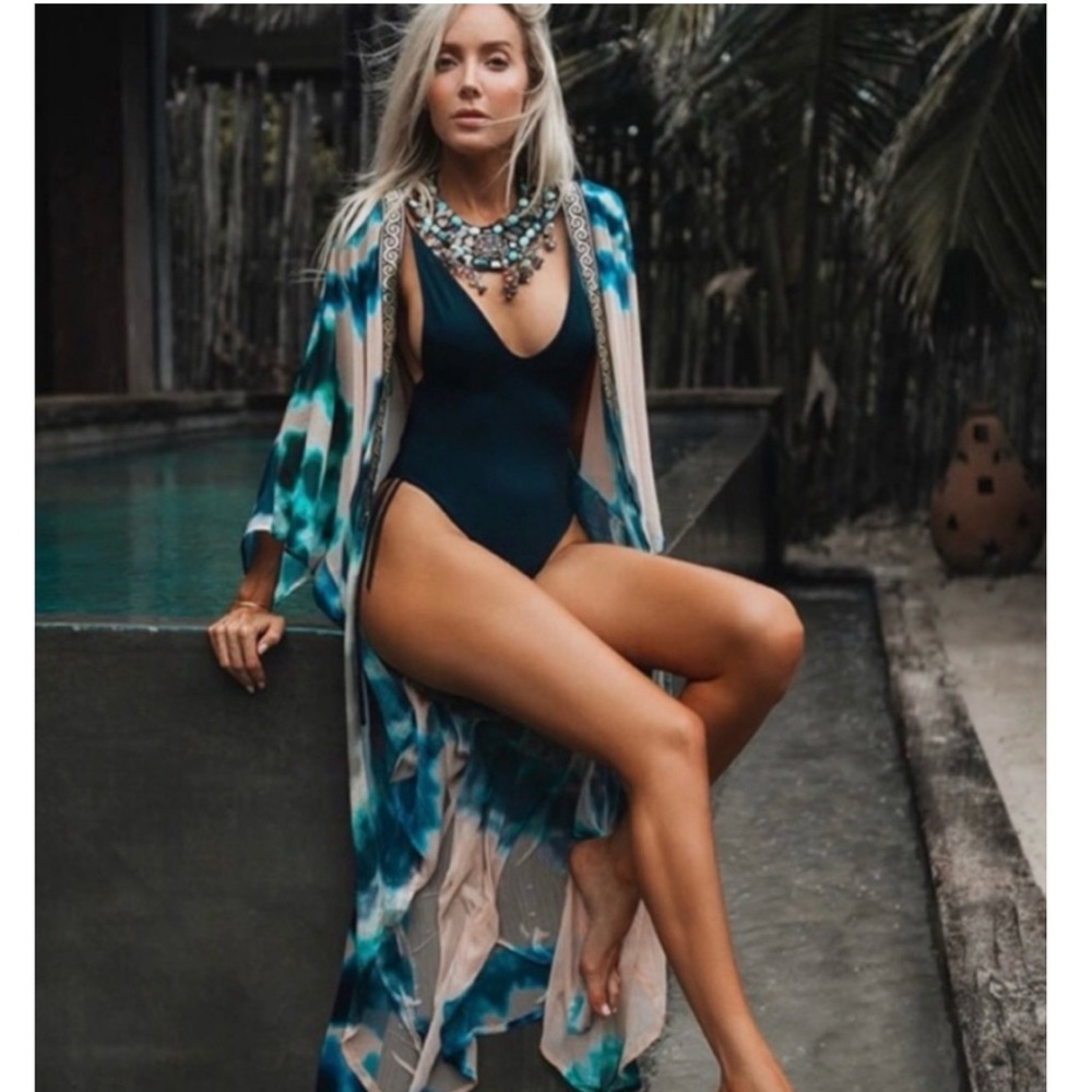 NEW- SUKI SO GODDESS SHEER TIE-DYE KIMONO w GOLD&BLACK GREEK KEY TRIM sz-OSFM